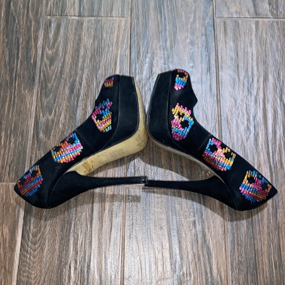 COPY - Iron Fist sequins colorful sugarskull suede platform round toe heels - Picture 4 of 10